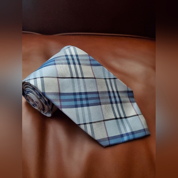 Burberry London Silk Tie Pale Blue Navy Tan Authentic Excellent - Picture 1 of 6